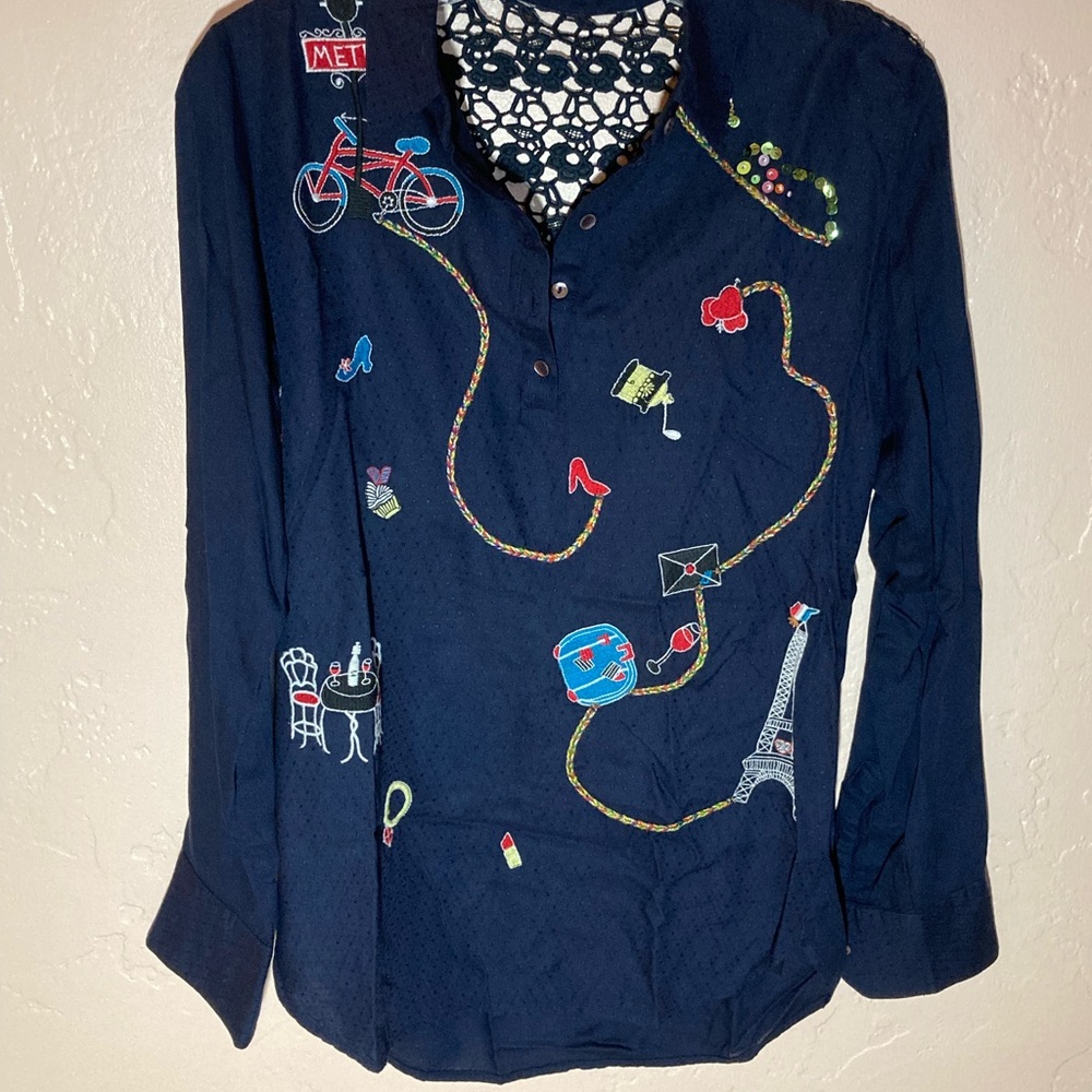 Desigual Navy Embroidered Button-Up Shirt
